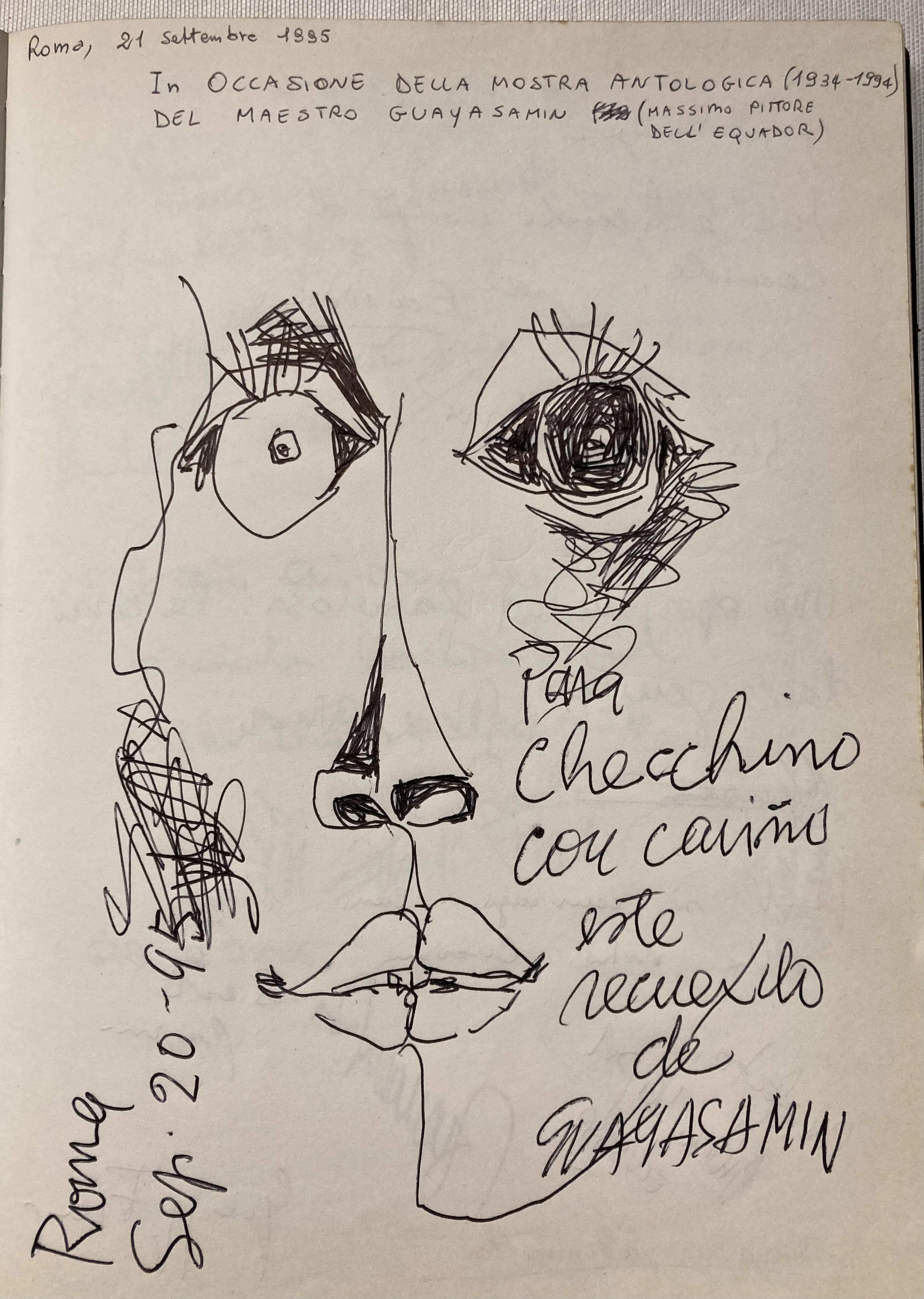 Sul libro firme di Checchino dal 1887 uno schizzo del maestro Guayasamin