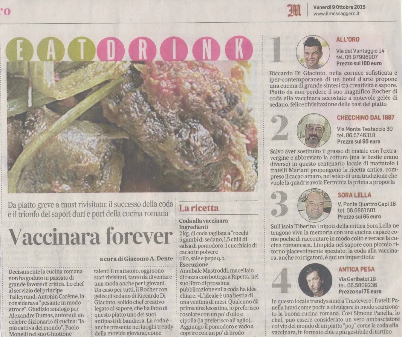 Checchino dal 1887 e la cucina del quinto quarto sul Messaggero